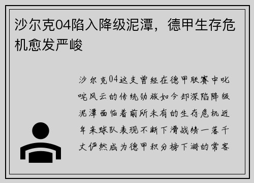 沙尔克04陷入降级泥潭，德甲生存危机愈发严峻