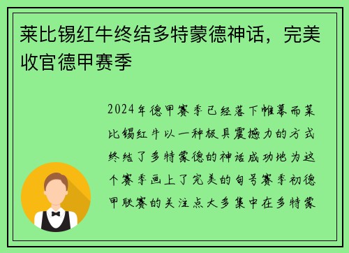 莱比锡红牛终结多特蒙德神话，完美收官德甲赛季