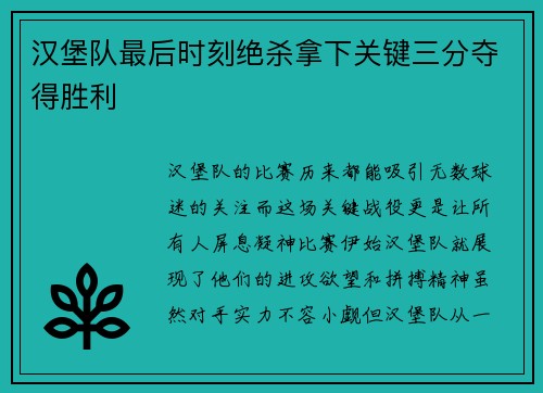 汉堡队最后时刻绝杀拿下关键三分夺得胜利