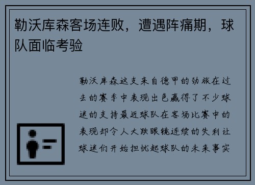 勒沃库森客场连败，遭遇阵痛期，球队面临考验