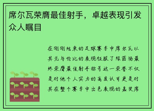 席尔瓦荣膺最佳射手，卓越表现引发众人瞩目